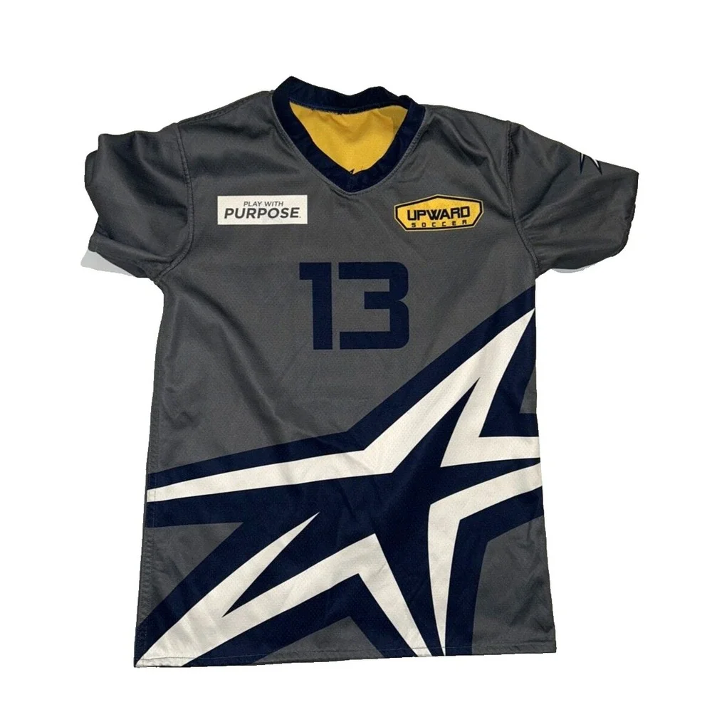 Upward Soccer Jersey Youth Large Yellow Gray Reversible Number 13‎ Short Sleeve